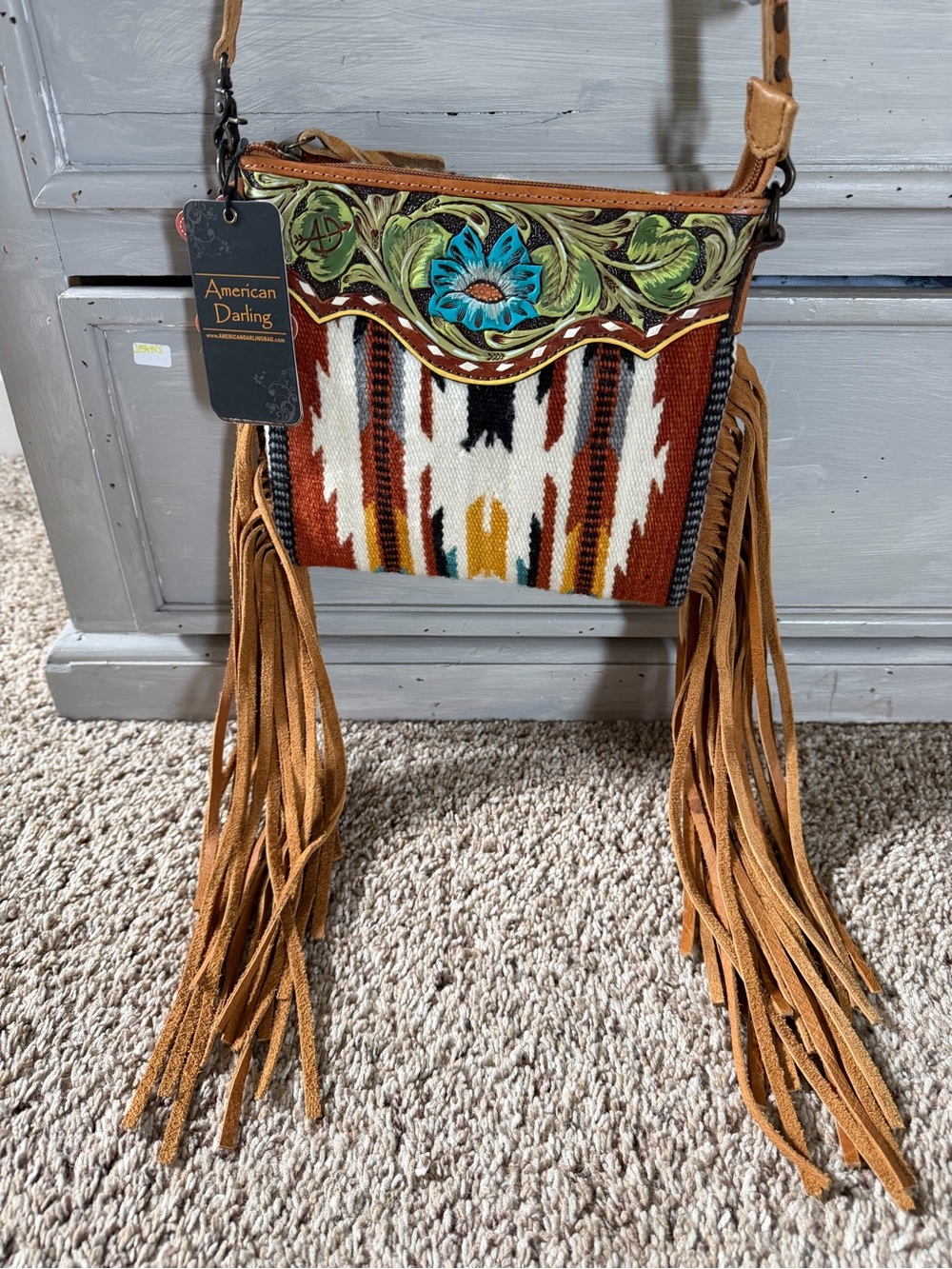 American Darling Tan Fringe Crossbody with Turquoise Floral Tooled Accent